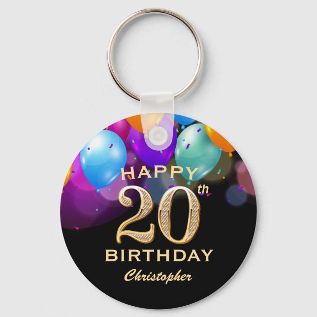 20th Birthday Party Black and Gold Balloons Keychain (Front)