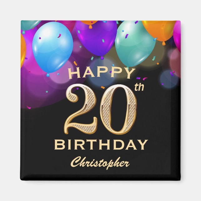 20th Birthday Party Black and Gold Balloons Magnet (Front)