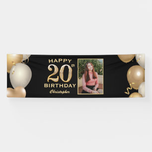 20th Birthday Party Black and Gold Balloons Photo Banner