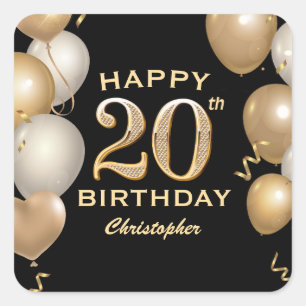 20th Birthday Party Black and Gold Balloons Square Sticker