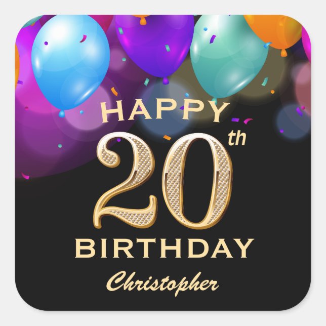 20th Birthday Party Black and Gold Balloons Square Sticker (Front)