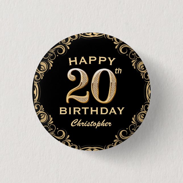 20th Birthday Party Black and Gold Glitter Frame 1 Inch Round Button (Front)