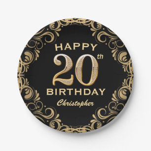 20th Birthday Party Black and Gold Glitter Frame Paper Plate