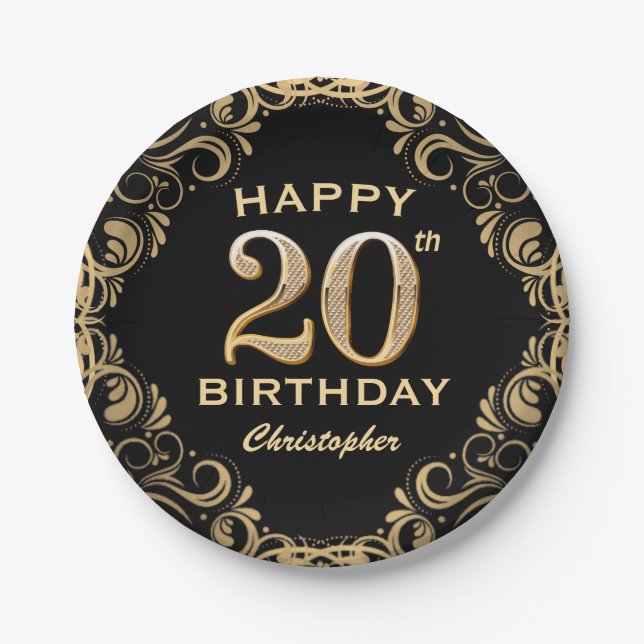 20th Birthday Party Black and Gold Glitter Frame Paper Plate (Front)