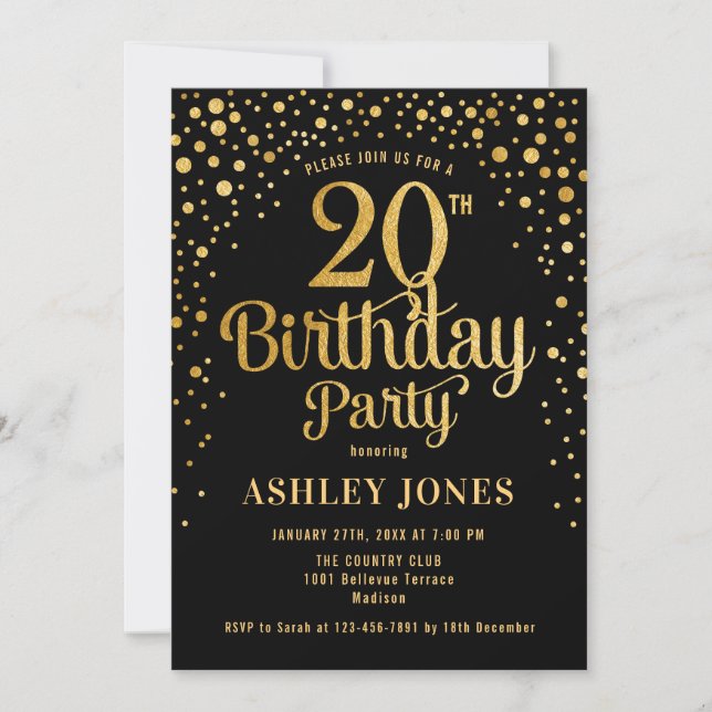 20th Birthday Party - Black & Gold Invitation (Front)