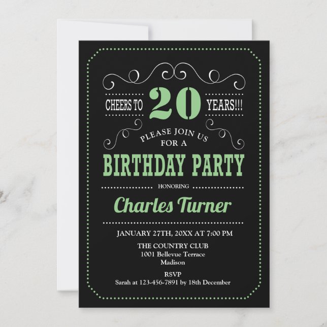 20th Birthday Party - Black Green White Invitation (Front)