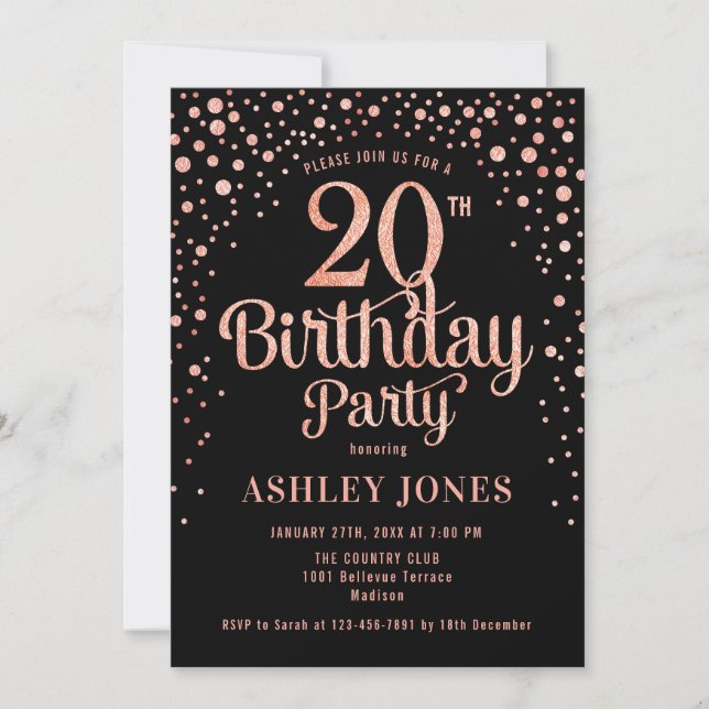 20th Birthday Party - Black & Rose Gold Invitation (Front)