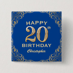 20th Birthday Party Blue and Gold Glitter Frame 2 Inch Square Button