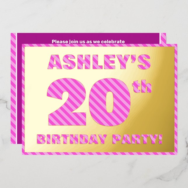20th Birthday Party — Bold, Fun, Pink Stripes # 20 (Front/Back)