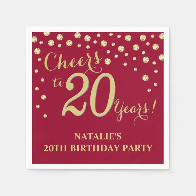 20th Birthday Party Burgundy Red and Gold Diamond Napkin (Front)