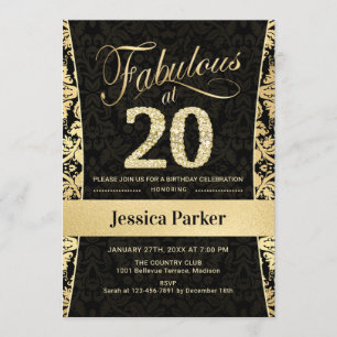 20th Birthday Party - Gold Black Invitation