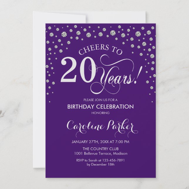 20th Birthday Party Invitation - Silver Purple (Front)