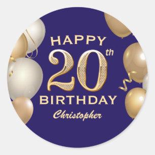 20th Birthday Party Navy Blue and Gold Balloons Classic Round Sticker