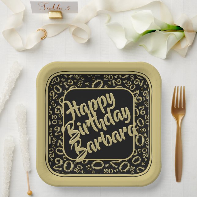 20th Birthday Party Number Pattern Black Gold Paper Plate (Wedding)