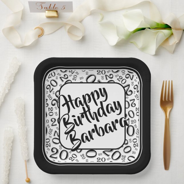 20th Birthday Party Number Pattern Black White Paper Plate (Wedding)