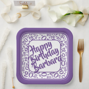 20th Birthday Party Number Pattern Purple White Paper Plate