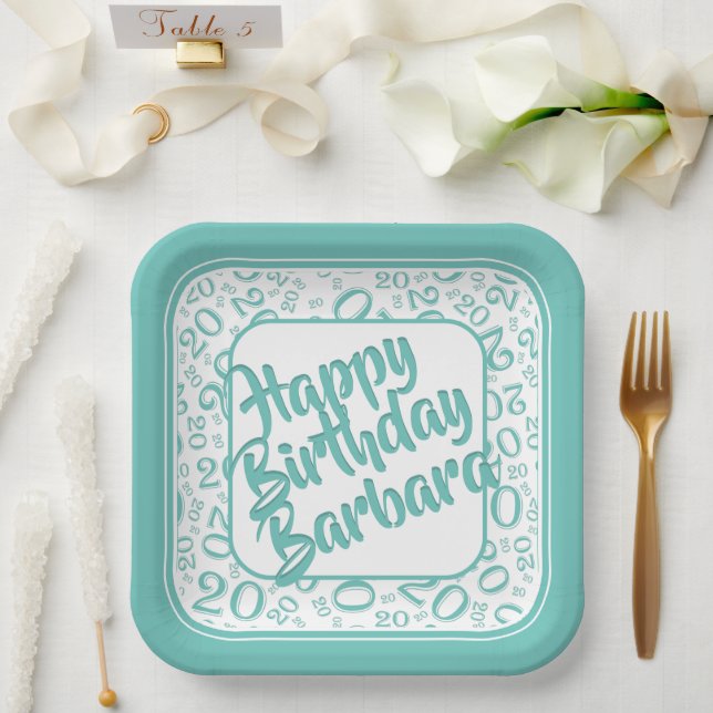 20th Birthday Party Number Pattern Teal White Paper Plate (Wedding)