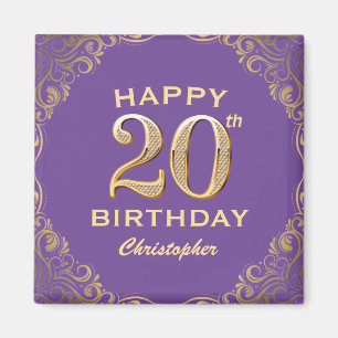 20th Birthday Party Purple and Gold Glitter Frame Magnet
