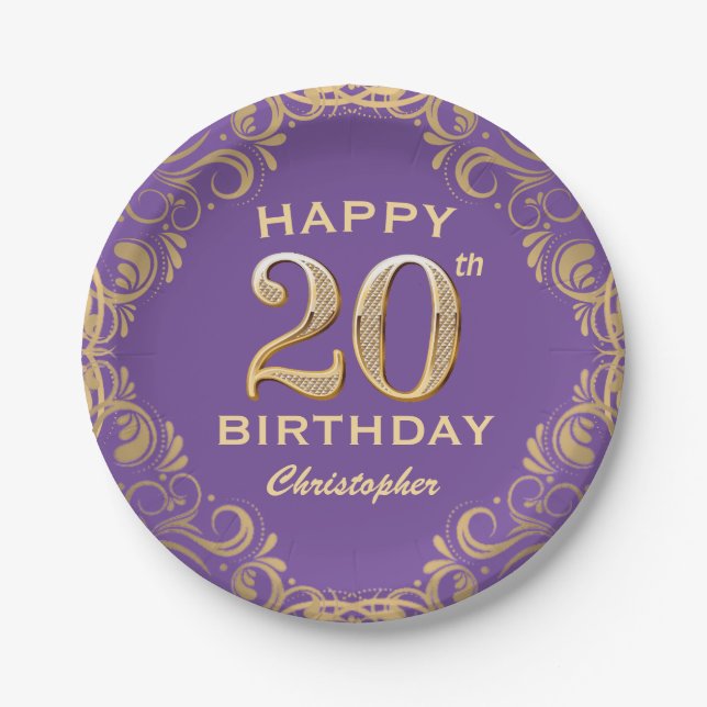 20th Birthday Party Purple and Gold Glitter Frame Paper Plate (Front)