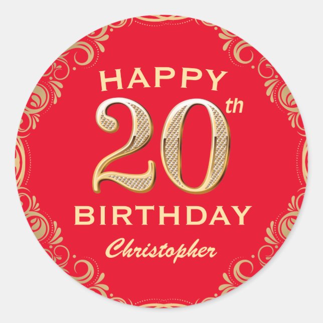 20th Birthday Party Red and Gold Glitter Frame Classic Round Sticker (Front)