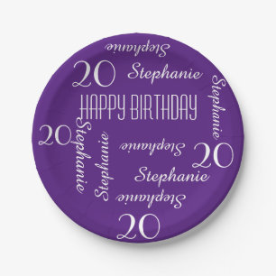 20th Birthday Party Repeating Names Purple Paper Plate