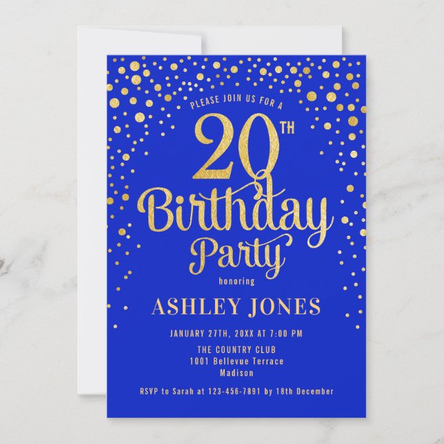20th Birthday Party - Royal Blue & Gold Invitation (Front)