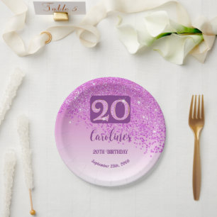 20th Birthday Party Sparkle Pink Glitter Paper Plate