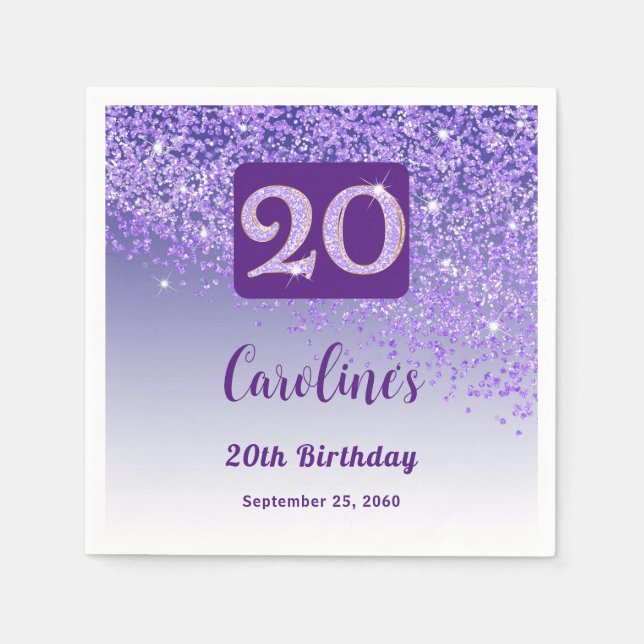 20th Birthday Party Sparkle Purple Glitter Napkin (Front)
