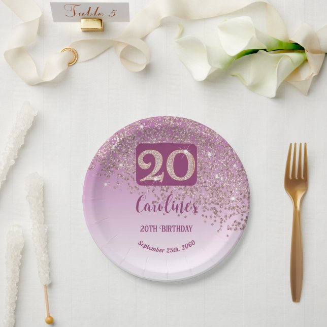 20th Birthday Party Sparkle Rose Gold Glitter Paper Plate (Wedding)