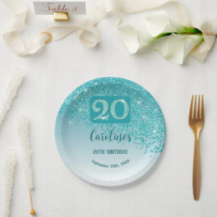 20th Birthday Party Sparkle Teal Blue Glitter Paper Plate