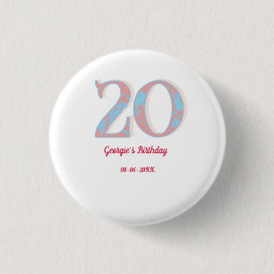 20TH BIRTHDAY PEACH BLUE BOLD RETRO NAME STYLISH 1 INCH ROUND BUTTON