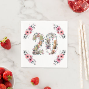 20th Birthday Photo Collage Girl Pink Flower White Napkin