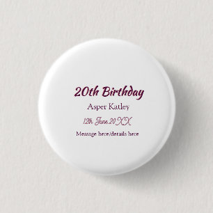 20th birthday pink purple name date message simple 1 inch round button