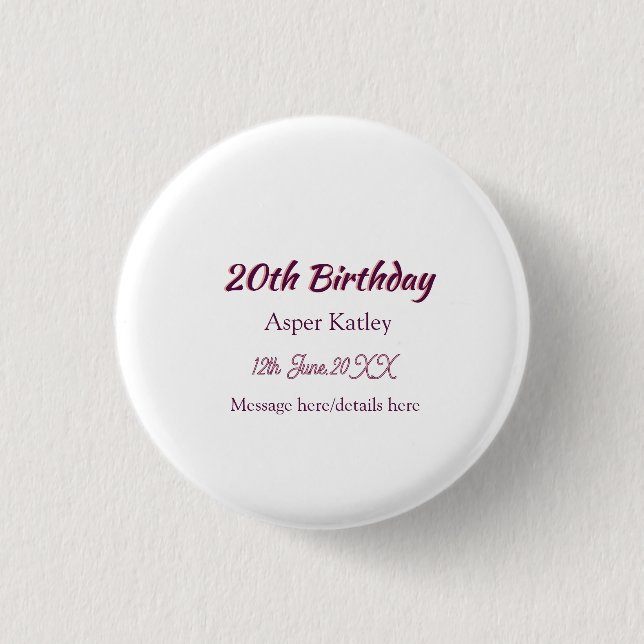 20th birthday pink purple name date message simple 1 inch round button (Front)