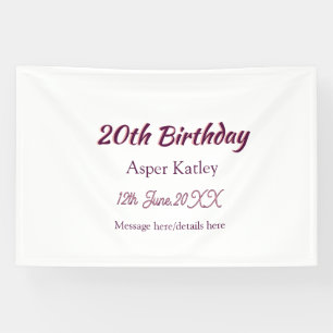 20th birthday pink purple name date message simple banner