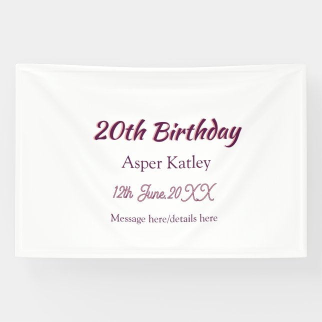 20th birthday pink purple name date message simple banner (Horizontal)