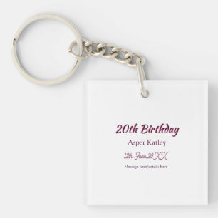 20th birthday pink purple name date message simple keychain