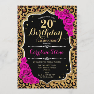 20th Birthday - Pink Roses Leopard Print Invitation