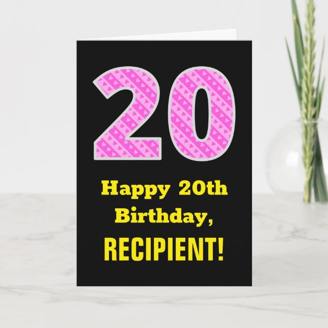 20th Birthday: Pink Stripes and Hearts "20" + Name Card (Front)