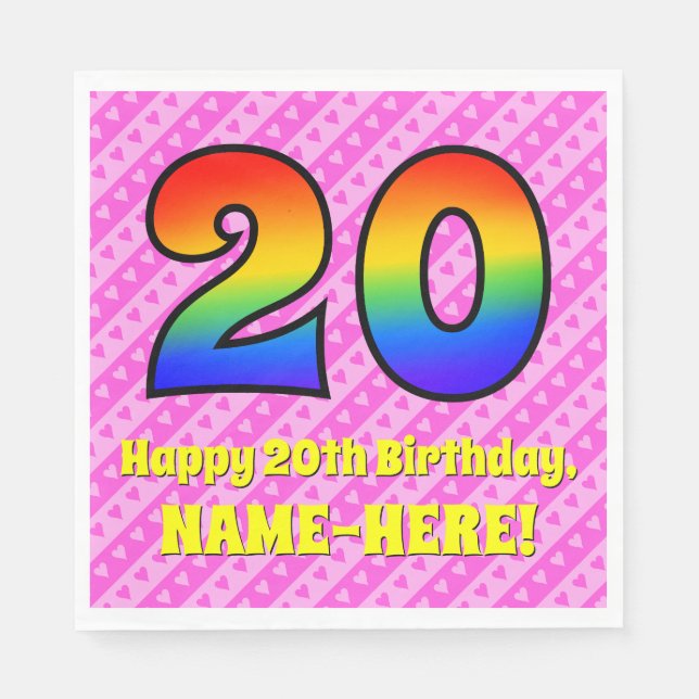 20th Birthday: Pink Stripes & Hearts, Rainbow # 20 Napkin (Front)