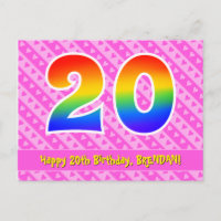 20th Birthday: Pink Stripes & Hearts, Rainbow 20