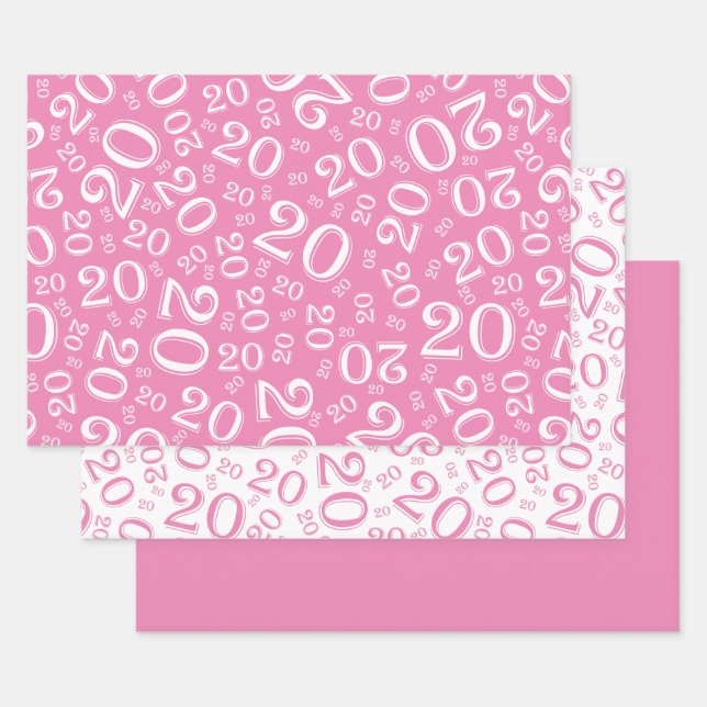 20th Birthday Pink & White Number Pattern 20 Wrapping Paper Sheet (Set)