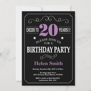 20th Birthday Purple and Black Chalkboard Invitation