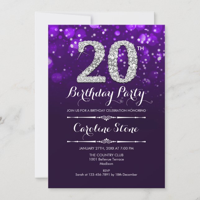 20th Birthday - Purple Silver Invitation (Front)