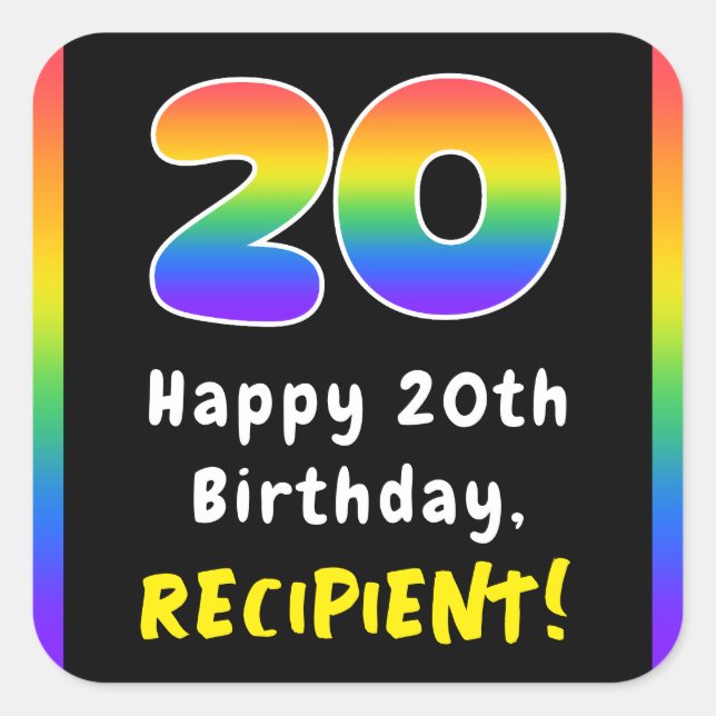 20th Birthday: Rainbow Spectrum # 20, Custom Name Square Sticker (Front)