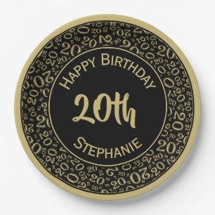 20th Birthday Random Number Pattern 20 Black/Gold Paper Plate