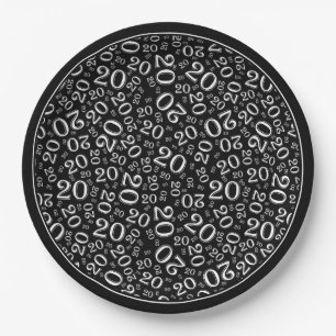 20th Birthday Random Number Pattern 20 Black/White Paper Plate