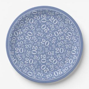 20th Birthday Random Number Pattern 20 Blue/White Paper Plate