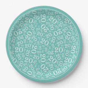 20th Birthday Random Number Pattern 20 Teal/White Paper Plate