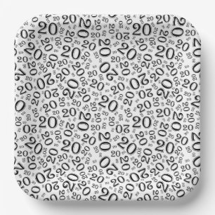 20th Birthday Random Number Pattern Black/White 20 Paper Plate